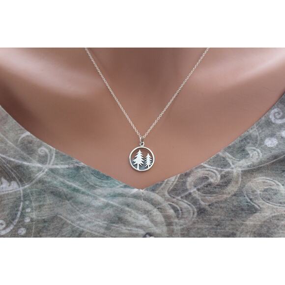 Sterling Silver Tree and Mountain Pendant, Silver Camping Pendant Necklace - Picture 2 of 3